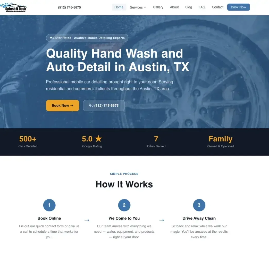 Splash N Dash Mobile website homepage